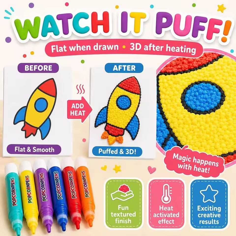 Art Craft Journal - Puffy Popcorn Pen Set, Smooth Easy‑to‑Color