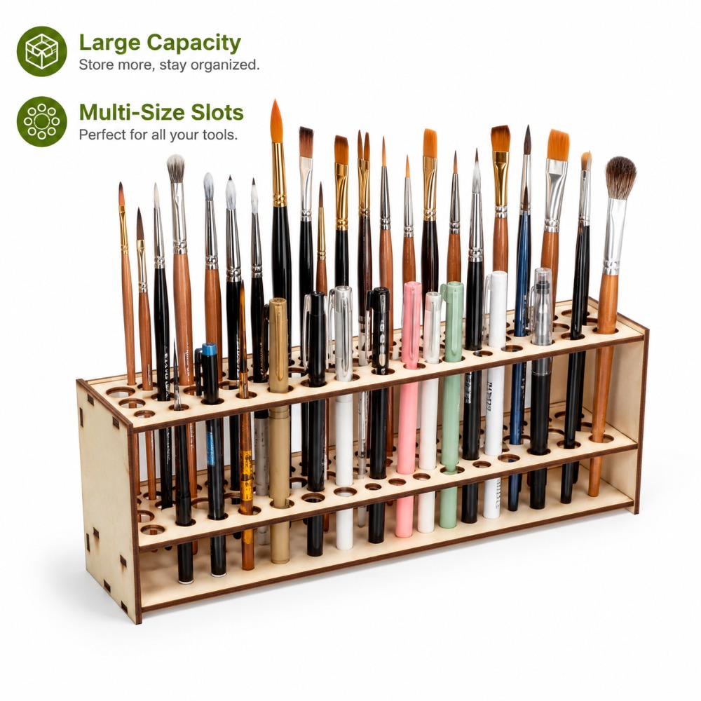 Art Craft Organizer - 67-Slot Wooden Brush Holder Premium Double-layer