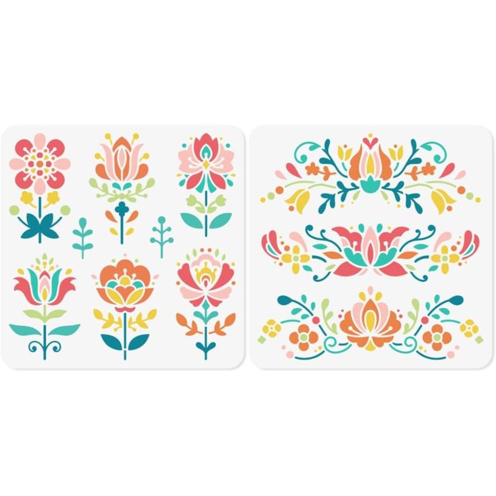 Art And Craft With Paint - 2Pcs Flower Polish Folk Art Stencils